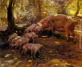 Pigs In A Wood, Cornwall by Sir Alfred James Munnings